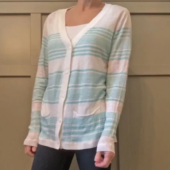 Garnet Hill 100% Linen Striped Button Front Cardigan Sweater Size Large - Picture 1 of 12